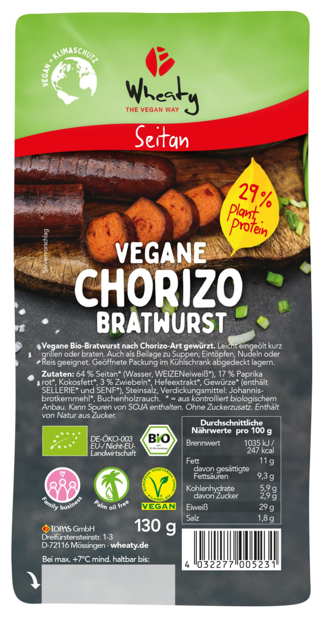 WHEATY Chorizo Bratwurst,vegan 130g